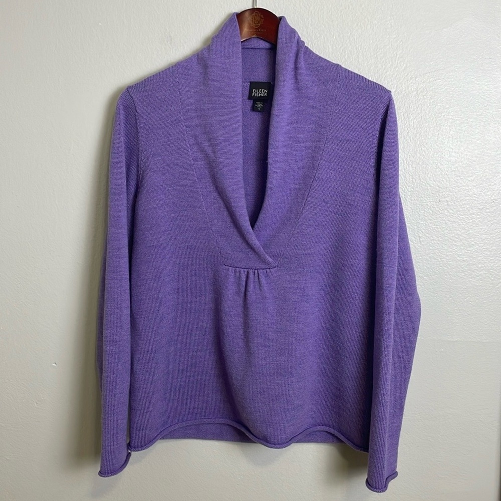 Eileen Fisher Merino Wool Violet Shawl Collar Sweater Size S Italian Yarn